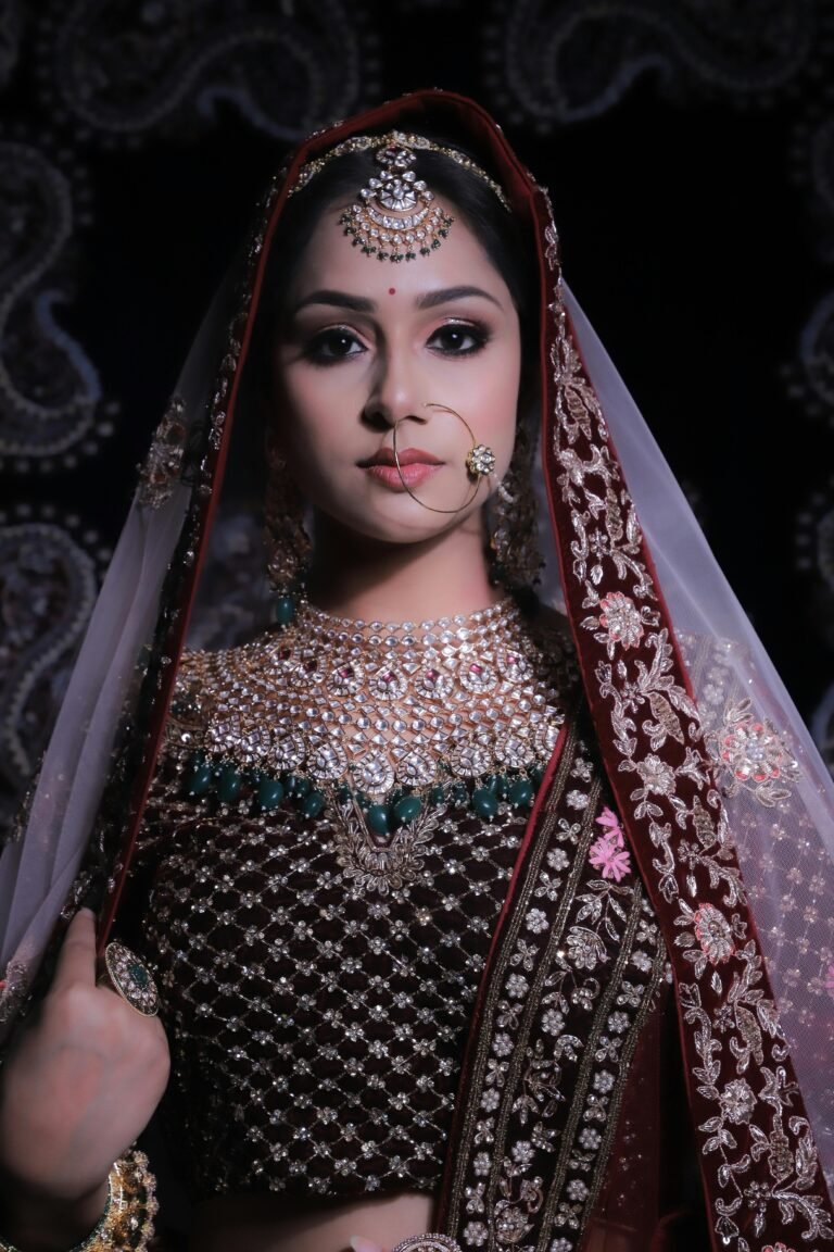 Beautiful Indian bride wearing ornate jewelry and traditional attire, perfect for wedding themes.